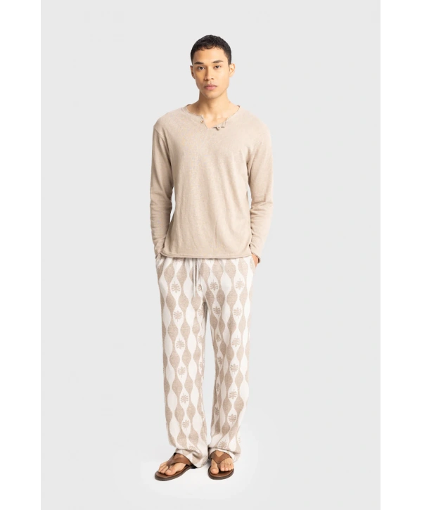 Erkek Bisiklet Yaka İnce Uzun Kol Swethsört- Bej