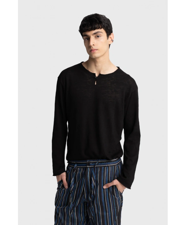 Erkek Bisiklet Yaka İnce Uzun Kol Swethsört- Siyah