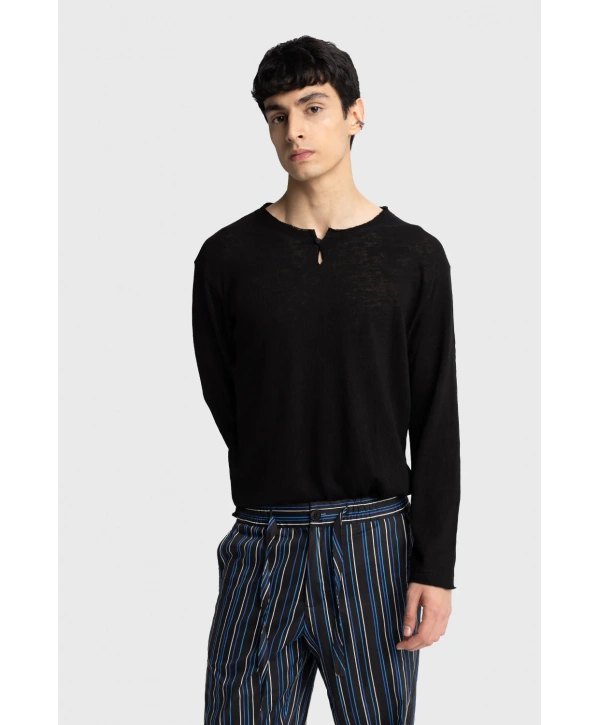 Erkek Bisiklet Yaka İnce Uzun Kol Swethsört- Siyah