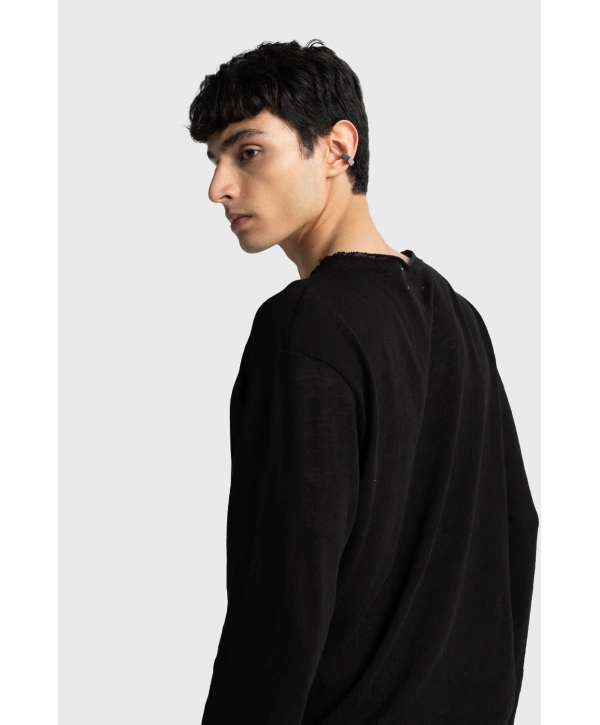 Erkek Bisiklet Yaka İnce Uzun Kol Swethsört- Siyah