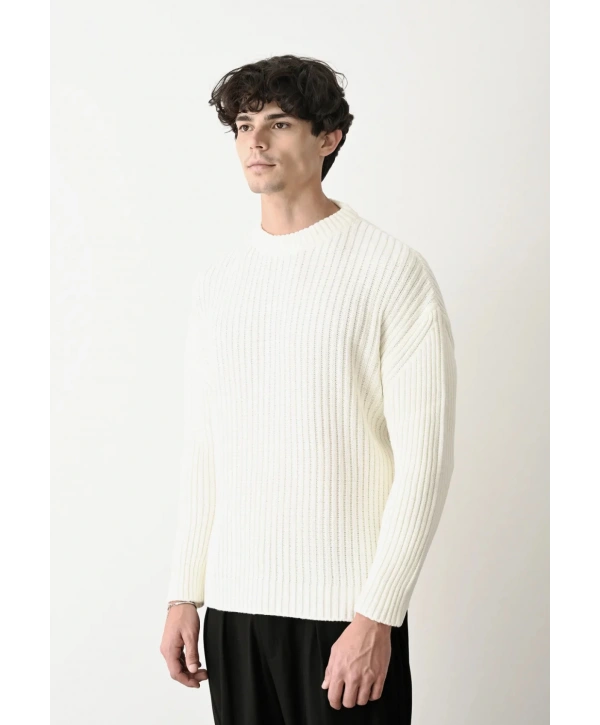 Erkek Bisiklet Yaka Owersıze Örme Triko - Ekru
