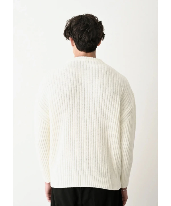 Erkek Bisiklet Yaka Owersıze Örme Triko - Ekru