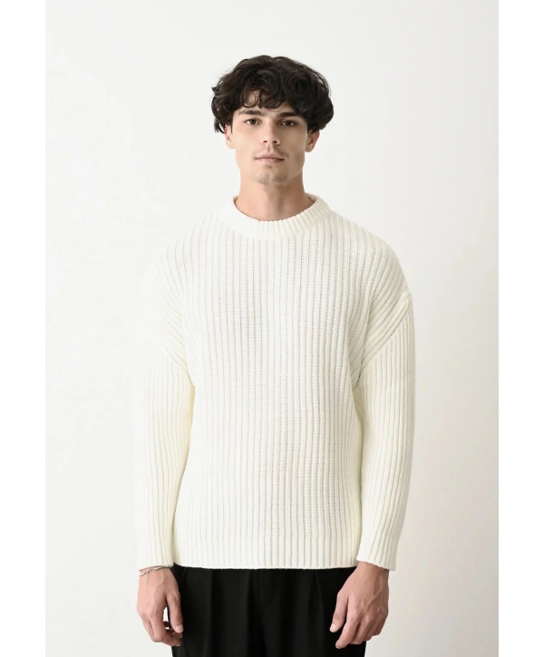 Erkek Bisiklet Yaka Owersıze Örme Triko - Ekru