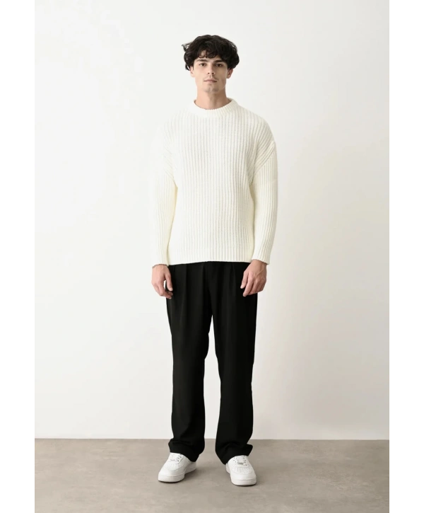 Erkek Bisiklet Yaka Owersıze Örme Triko - Ekru