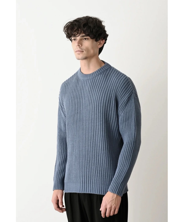 Erkek Bisiklet Yaka Owersıze Örme Triko - İndigo