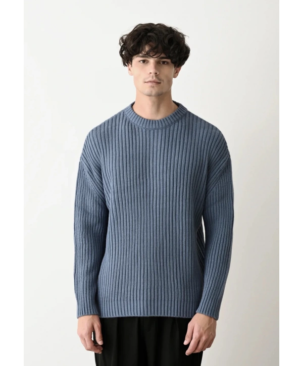 Erkek Bisiklet Yaka Owersıze Örme Triko - İndigo