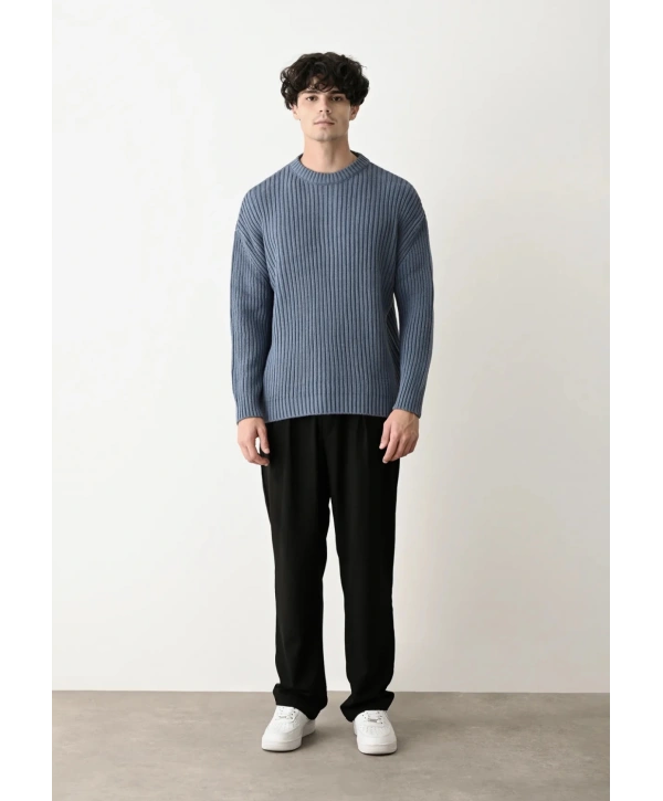 Erkek Bisiklet Yaka Owersıze Örme Triko - İndigo