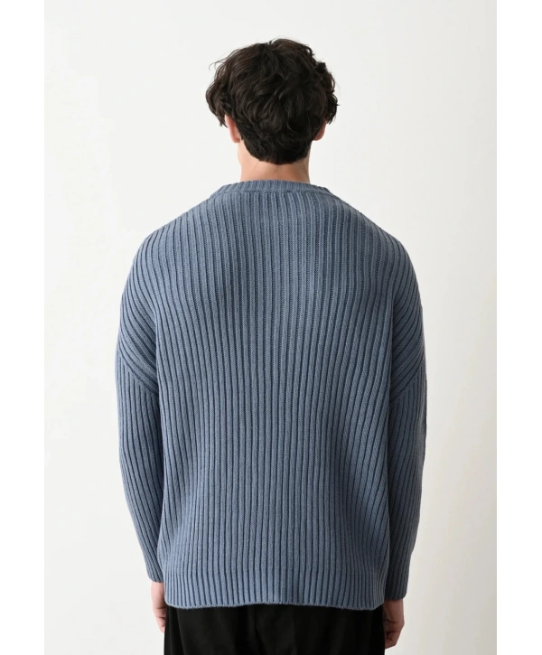 Erkek Bisiklet Yaka Owersıze Örme Triko - İndigo