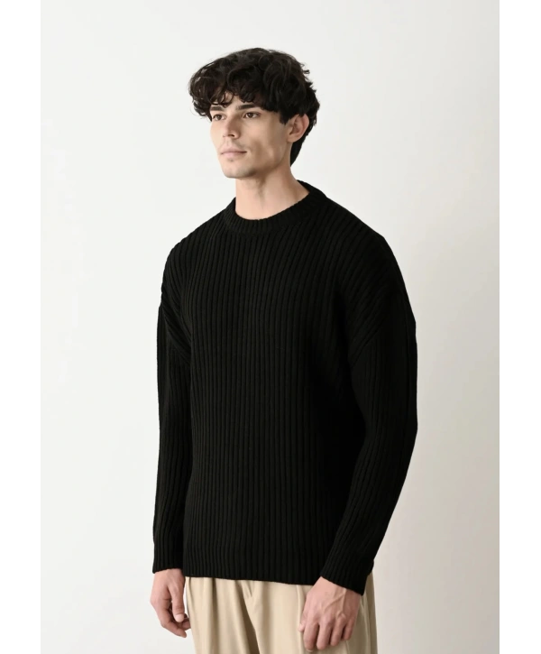 Erkek Bisiklet Yaka Owersıze Örme Triko - Siyah