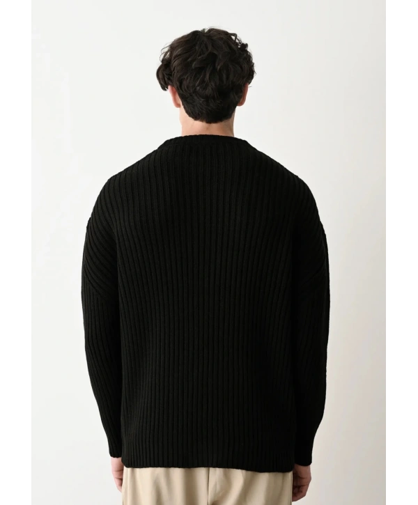 Erkek Bisiklet Yaka Owersıze Örme Triko - Siyah