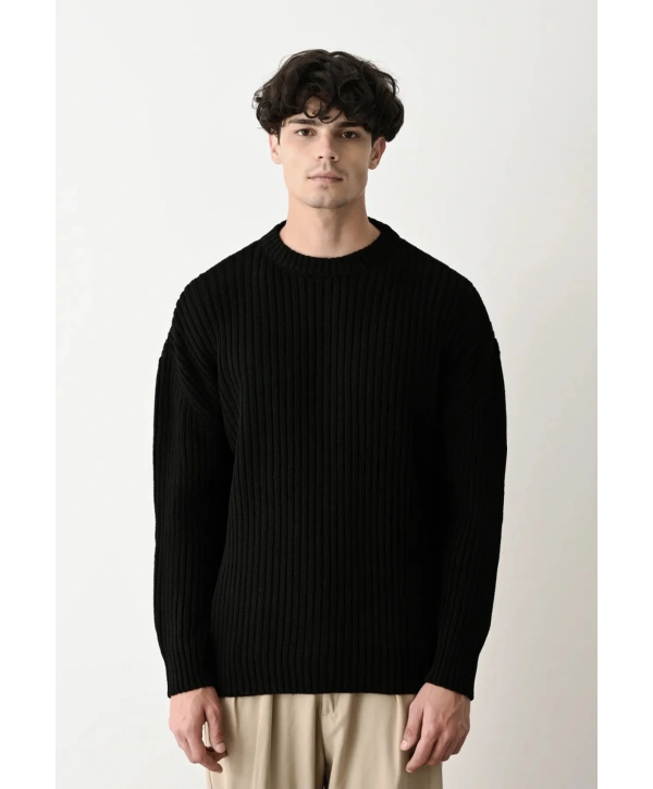 Erkek Bisiklet Yaka Owersıze Örme Triko - Siyah