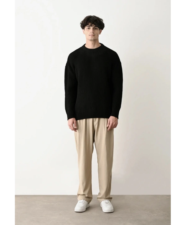 Erkek Bisiklet Yaka Owersıze Örme Triko - Siyah