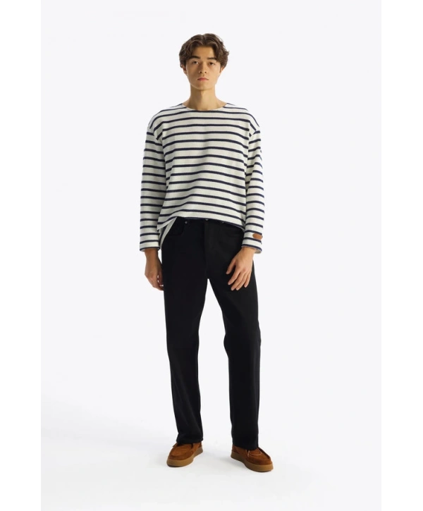 Erkek Bisiklet Yaka Uzun Kol Örme Triko - Beyaz -Lacivert