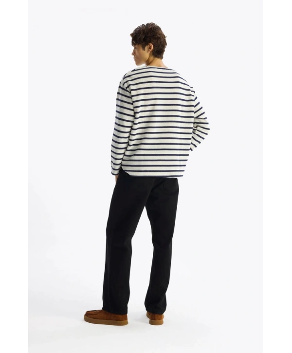 Erkek Bisiklet Yaka Uzun Kol Örme Triko - Beyaz -Lacivert
