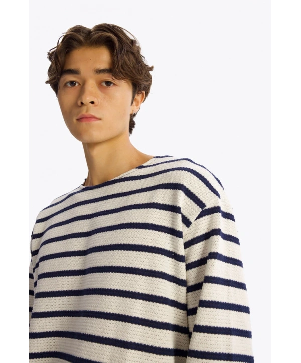 Erkek Bisiklet Yaka Uzun Kol Örme Triko - Beyaz -Lacivert