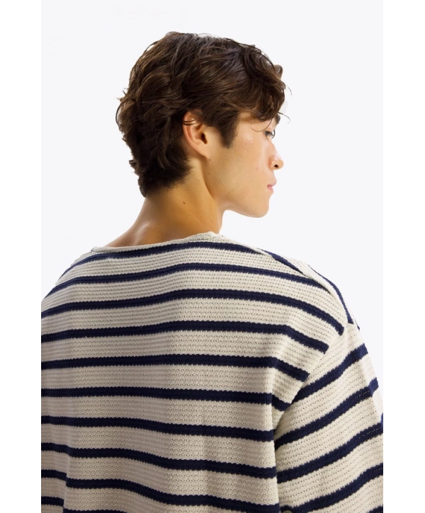 Erkek Bisiklet Yaka Uzun Kol Örme Triko - Beyaz -Lacivert