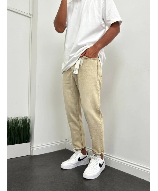 Erkek Boy Frend Likrasız Kot Pantolon- Krem