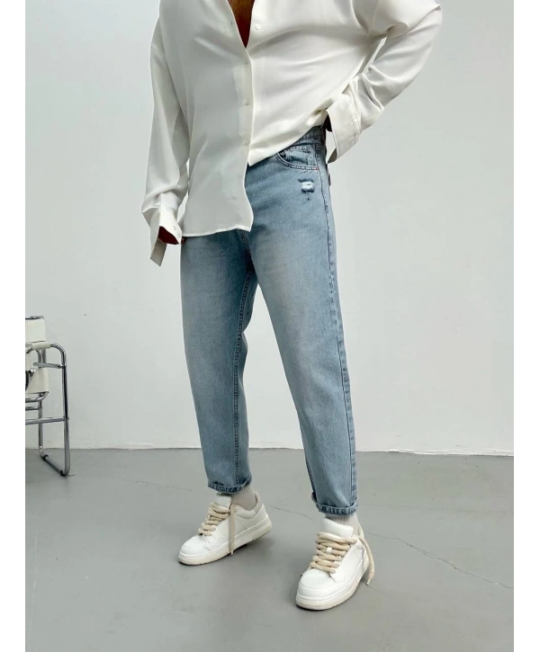 Erkek Boyfriend Likrasız Kar Yıkamalı Kot Pantolon- Acık Mavi