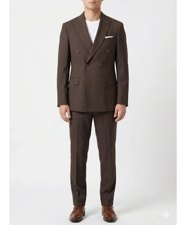 Erkek Dar Kesim Çizgili Kruvaze Takım Elbise -Kahverengi