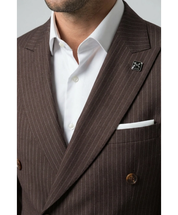 Erkek Dar Kesim Çizgili Kruvaze Takım Elbise -Kahverengi