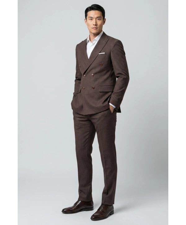 Erkek Dar Kesim Çizgili Kruvaze Takım Elbise -Kahverengi