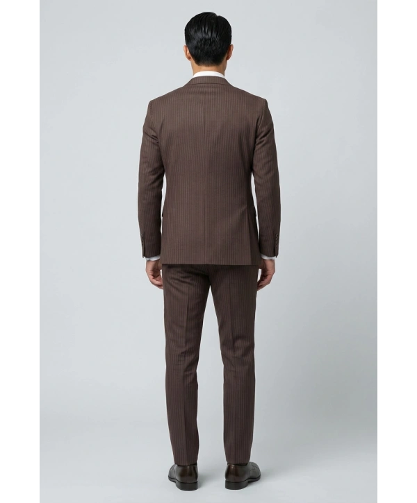Erkek Dar Kesim Çizgili Kruvaze Takım Elbise -Kahverengi