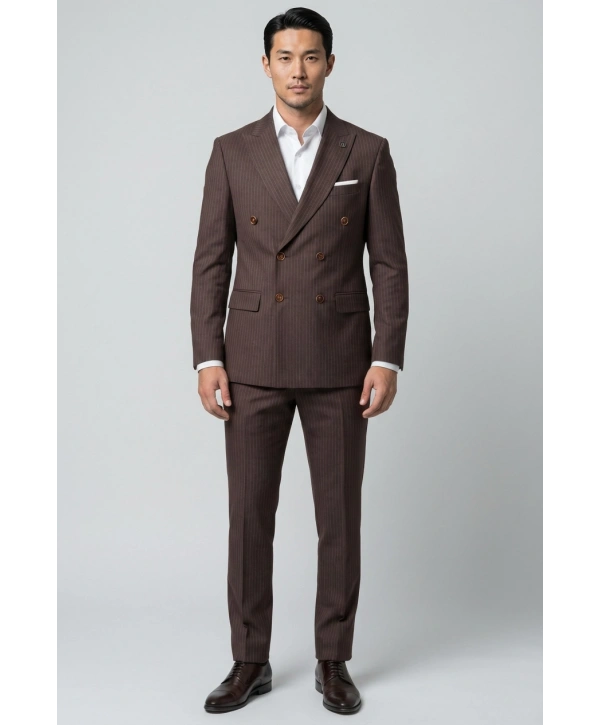 Erkek Dar Kesim Çizgili Kruvaze Takım Elbise -Kahverengi