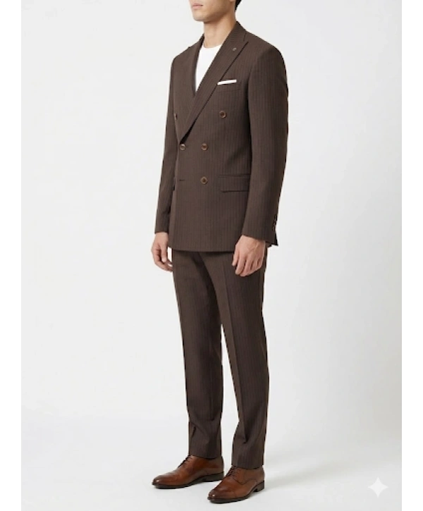 Erkek Dar Kesim Çizgili Kruvaze Takım Elbise -Kahverengi