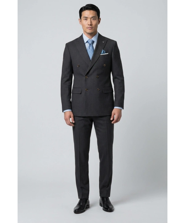 Erkek Dar Kesim Çizgili Kruvaze Takım Elbise -Lacivert