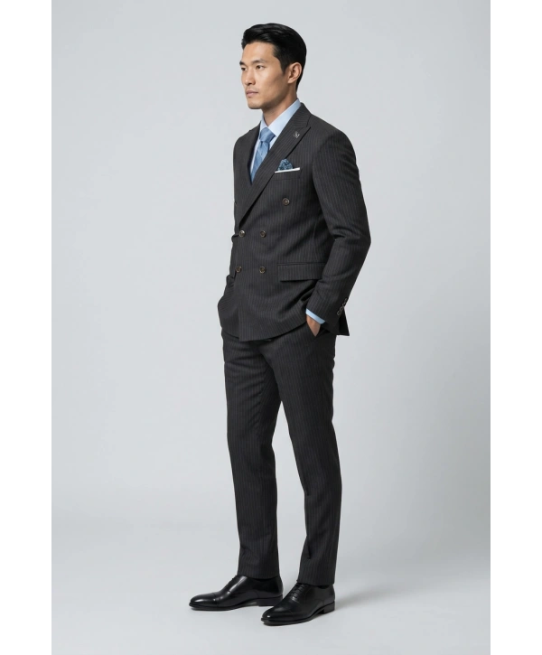 Erkek Dar Kesim Çizgili Kruvaze Takım Elbise -Lacivert