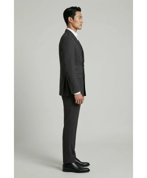 Erkek Dar Kesim Çizgili Kruvaze Takım Elbise -Siyah