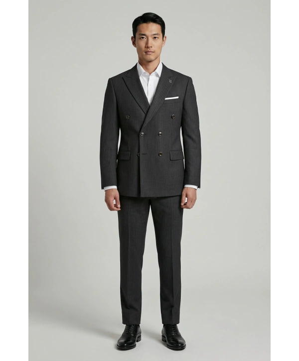 Erkek Dar Kesim Çizgili Kruvaze Takım Elbise -Siyah