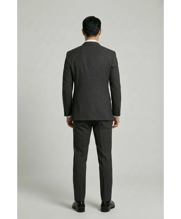 Erkek Dar Kesim Çizgili Kruvaze Takım Elbise -Siyah