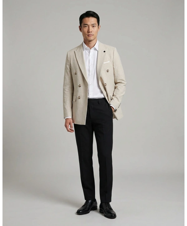 Erkek Dar Kesim Çizgili Kruvaze Tek Ceket -Krem