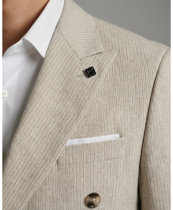 Erkek Dar Kesim Çizgili Kruvaze Tek Ceket -Krem