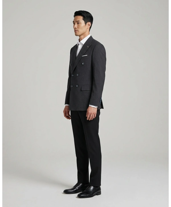 Erkek Dar Kesim Çizgili Kruvaze Tek Ceket -Lacivert