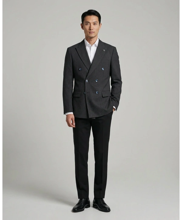 Erkek Dar Kesim Çizgili Kruvaze Tek Ceket -Lacivert