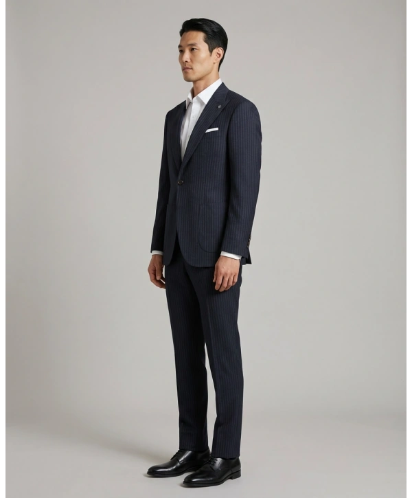 Erkek Dar Kesim Gofre Kumaş Çizgili Takım Elbise -Lacivert
