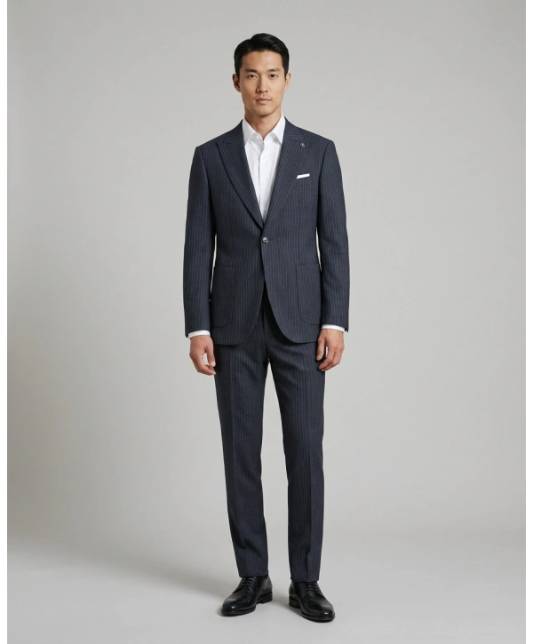 Erkek Dar Kesim Gofre Kumaş Çizgili Takım Elbise -Lacivert