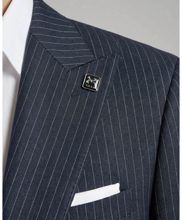 Erkek Dar Kesim Gofre Kumaş Çizgili Takım Elbise -Lacivert