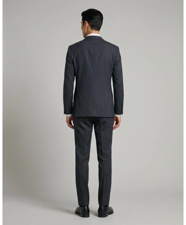 Erkek Dar Kesim Gofre Kumaş Çizgili Takım Elbise -Lacivert