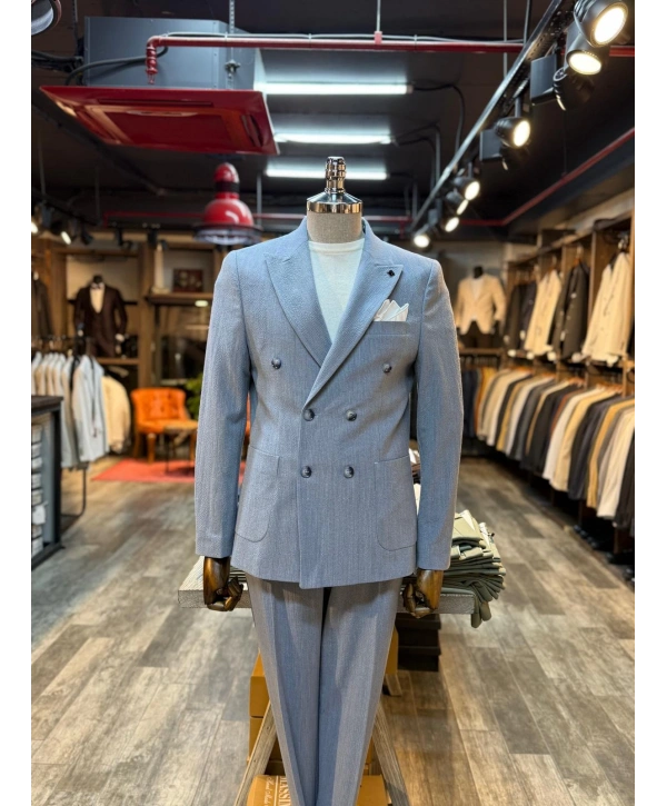 Erkek Dar Kesim Gofre Kumaş Çizgili Takım Elbise -Mavi