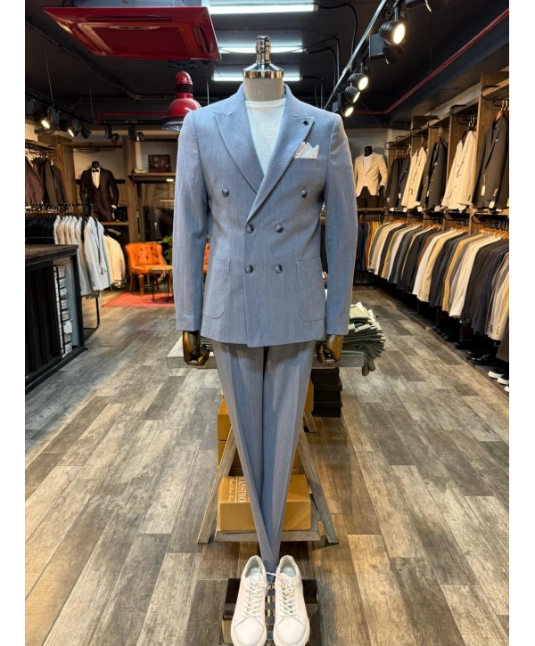 Erkek Dar Kesim Gofre Kumaş Çizgili Takım Elbise -Mavi