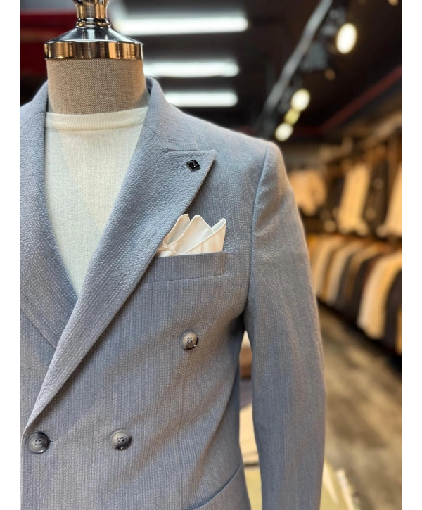 Erkek Dar Kesim Gofre Kumaş Çizgili Takım Elbise -Mavi