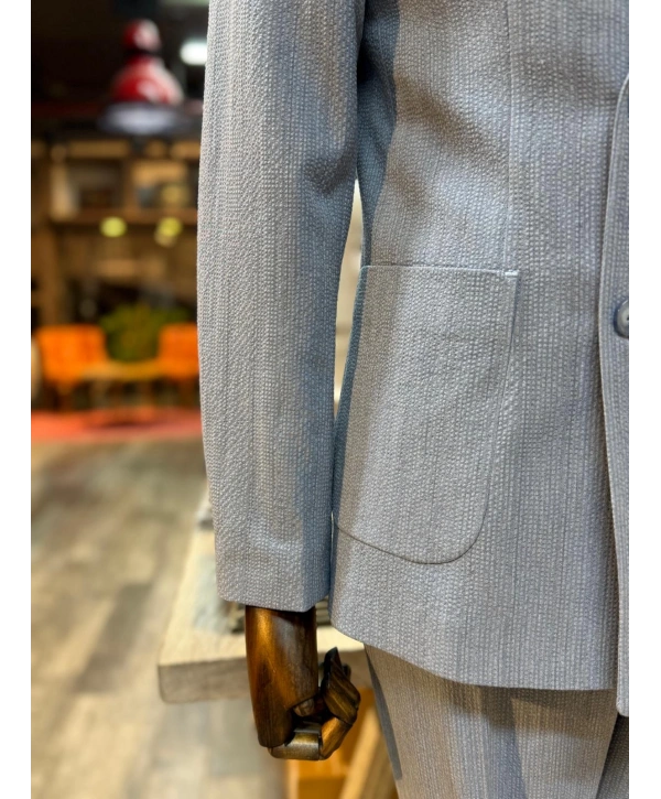 Erkek Dar Kesim Gofre Kumaş Çizgili Takım Elbise -Mavi