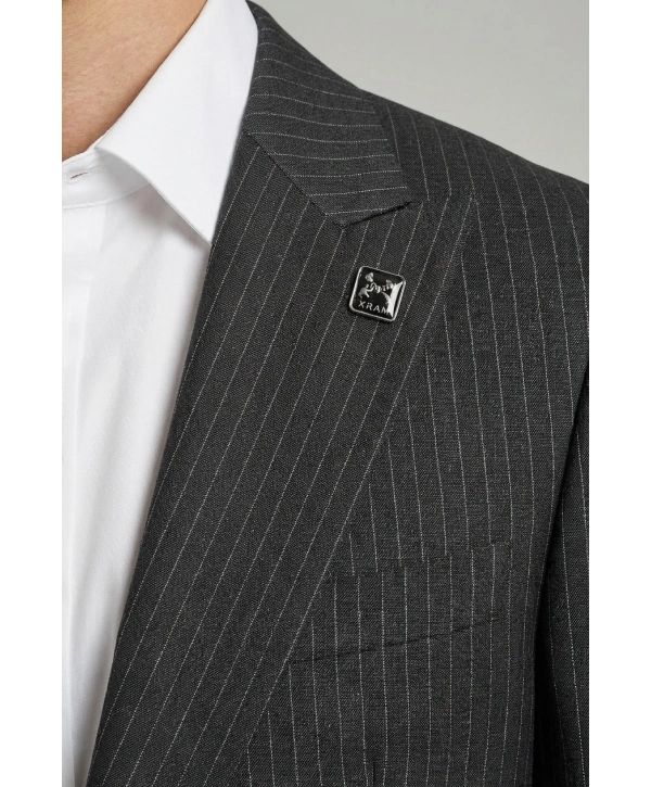 Erkek Dar Kesim Gofre Kumaş Çizgili Takım Elbise -Siyah