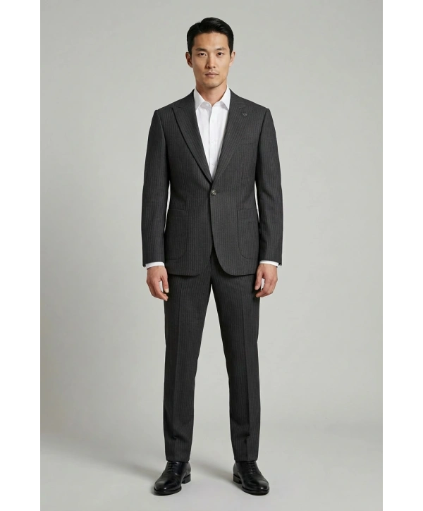 Erkek Dar Kesim Gofre Kumaş Çizgili Takım Elbise -Siyah