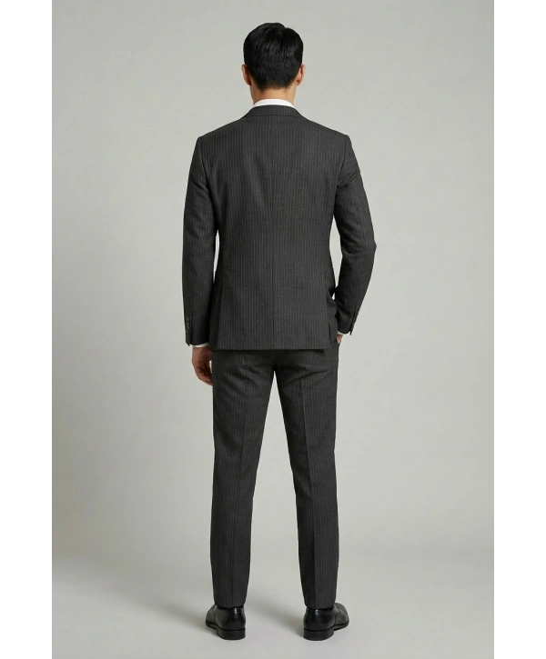 Erkek Dar Kesim Gofre Kumaş Çizgili Takım Elbise -Siyah