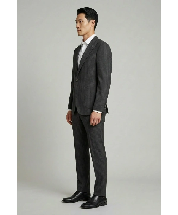 Erkek Dar Kesim Gofre Kumaş Çizgili Takım Elbise -Siyah
