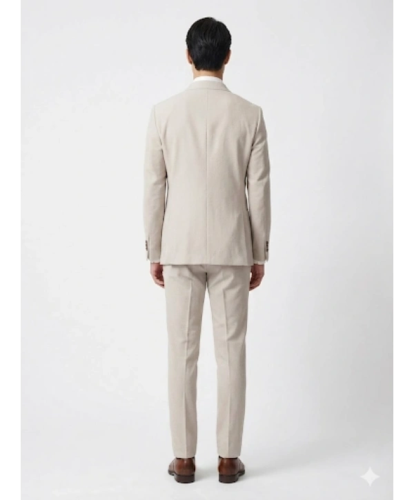 Erkek Dar Kesim Gofre Kumaş Çizgili Takım Elbise -Taş